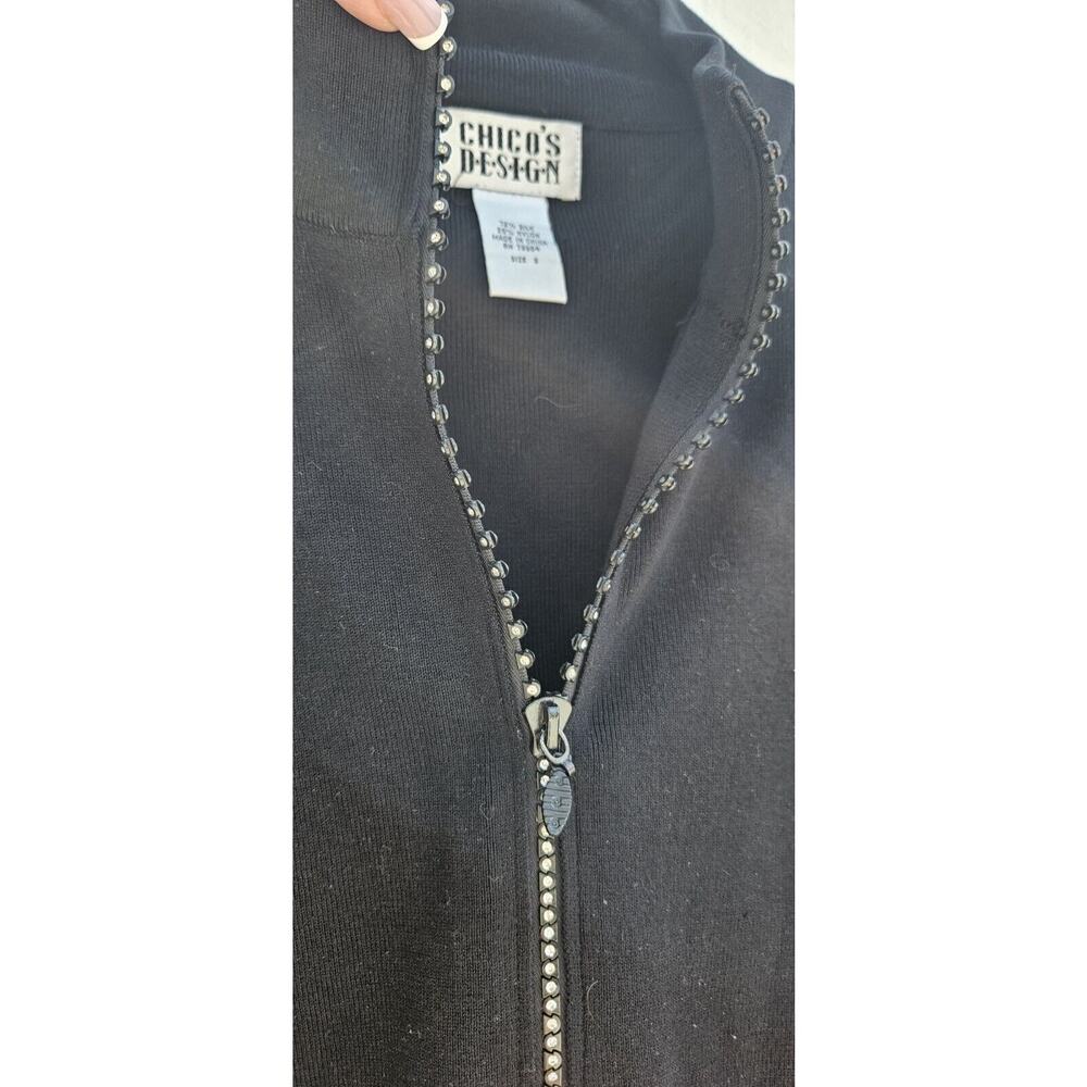 Vintage Chicos Sweater Jacket 1 Black Silk Nylon Rhinestone Zip Rib Cardigan 90s - Picture 4 of 8